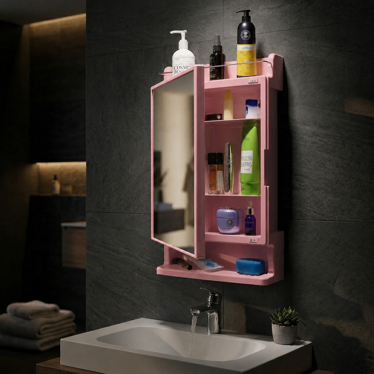 Image of CIPLA PLAST Rich Look Bathroom Cabinet | Mirror with Shelf | 4 Shelves Storage | PINK Plastic, Glass Wall Shelf