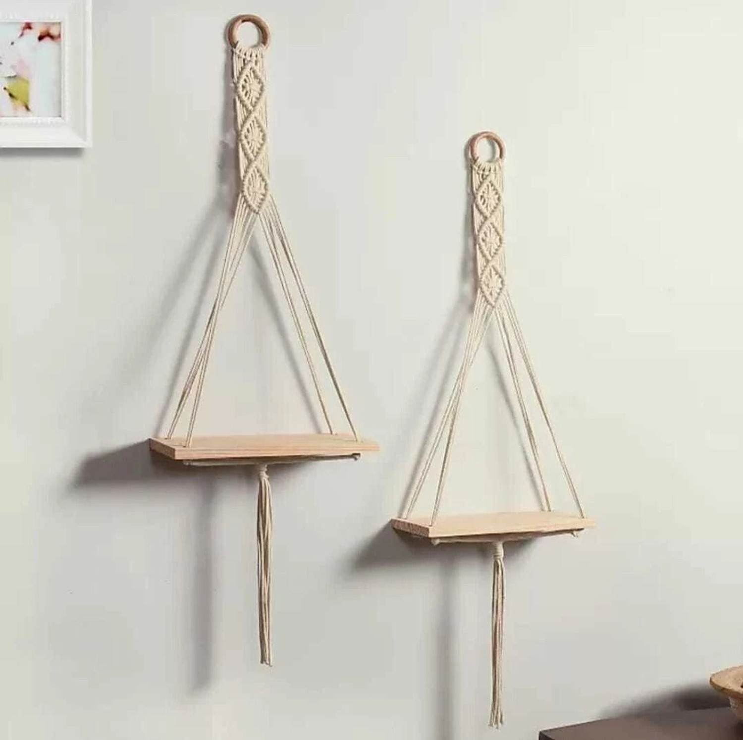 Image of JANAKI SHOP Macrame Rope Hanging Used as Wall Decor for Home Decoration Wooden Wall Shelf