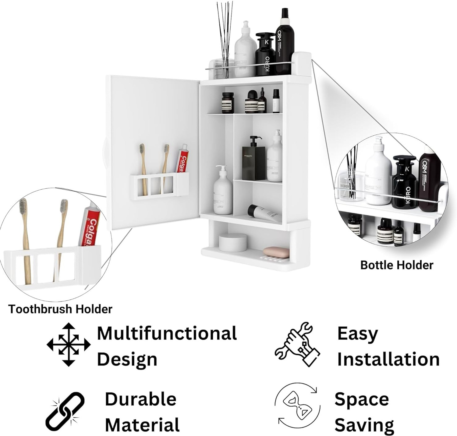 Image of Bath Queen Rich Look Bathroom Cabinet with Mirror White Acrylic Wall Shelf