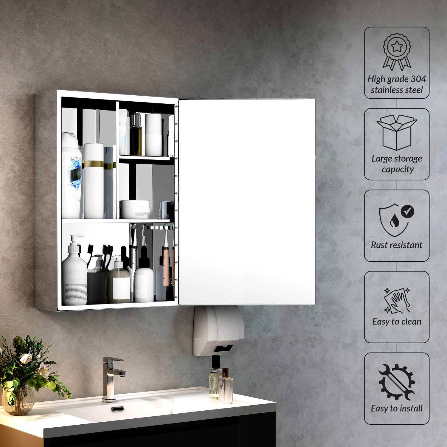 Image of Plantex Platinum 304 Stainless Steel Bathroom Cabinet with Mirror Door (16 X 24 Inches) Steel Wall Shelf