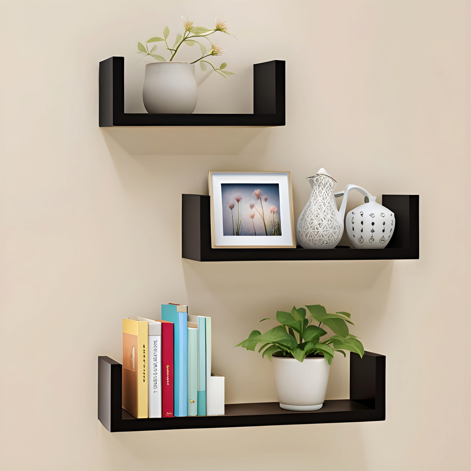 Image of Dime Store Dime Store Engineered Wood Glossy Wall Mount Floating Hanging Shelf for Room Wooden Wall Shelf