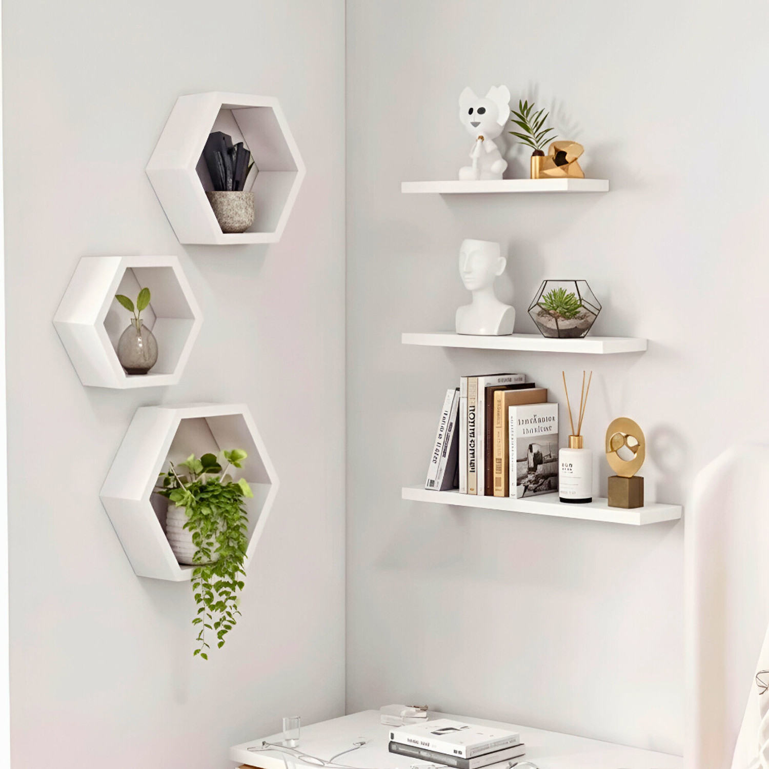 Image of Rkm interprises Set Of 3 Hexagon shape Designer Storage Shelves -Brown MDF MDF (Medium Density Fiber) Wall Shelf