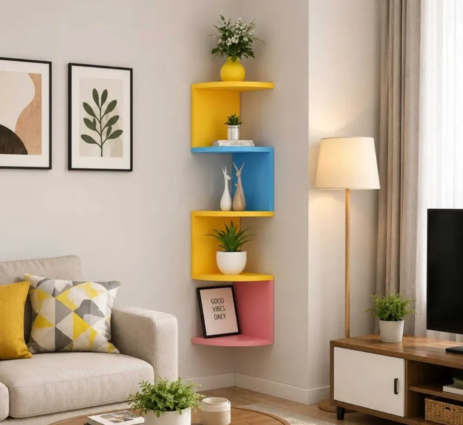 Image of woodinzo Wall Mount Corner Rack Shelf MDF (Medium Density Fiber), Wooden Wall Shelf