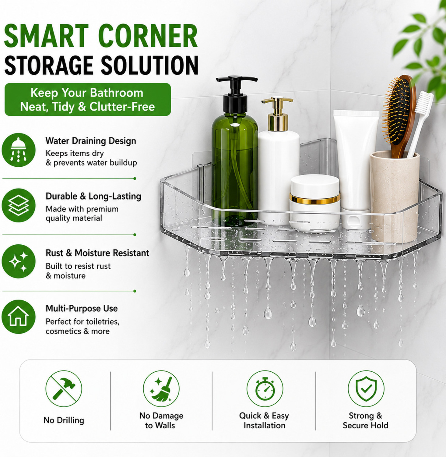 Image of ESSPY No-Drill Triangle Corner Shelf , Wall-Mounted Plastic Storage Organization Plastic Wall Shelf