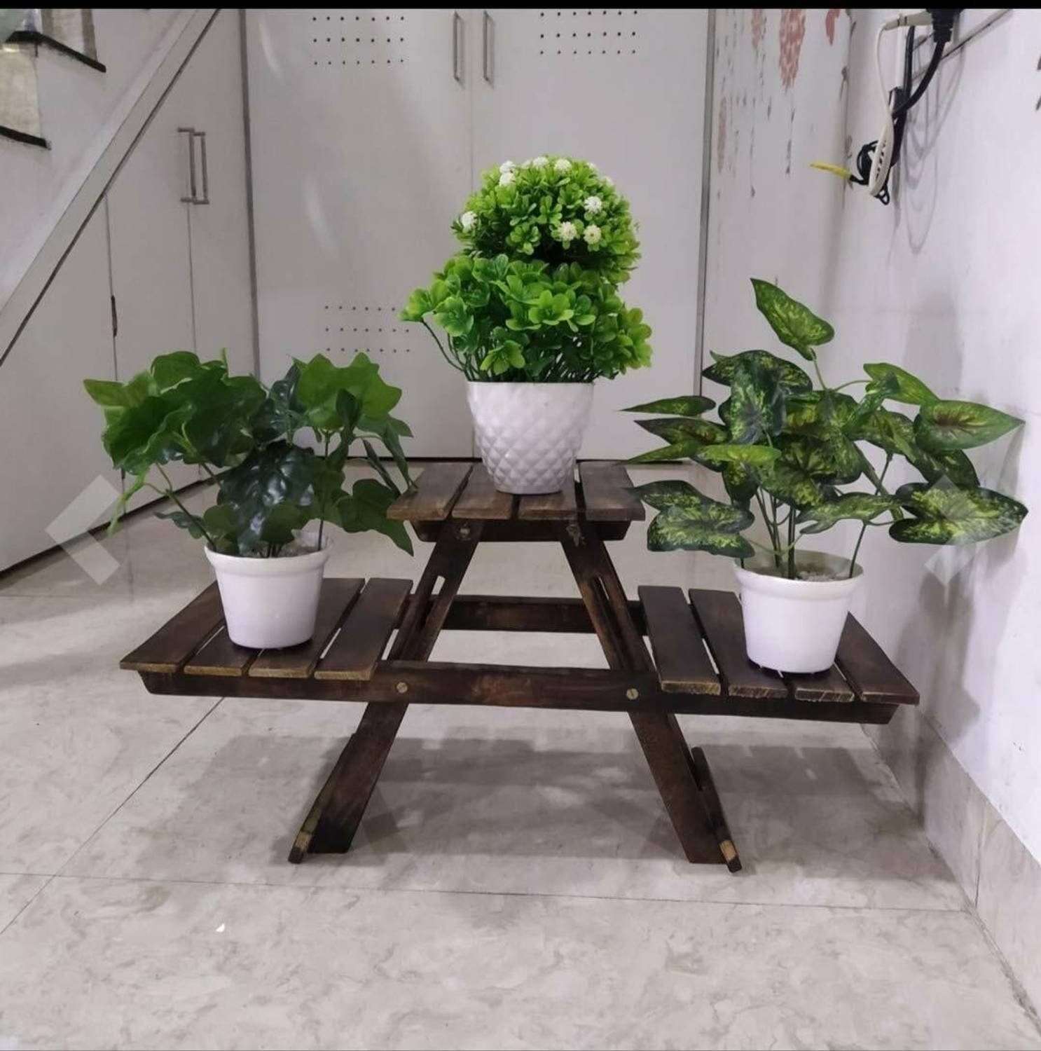 A M Enterprises Wooden Folding Rack Plant Stand with 3 Deck Woode