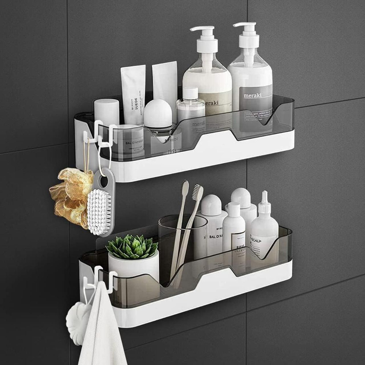 Image of Finner Wall-Mounted Bathroom Storage Shelf - No-Drill Shower Organizer for Toiletries Plastic Wall Shelf (Number of Shelves - 2, White)