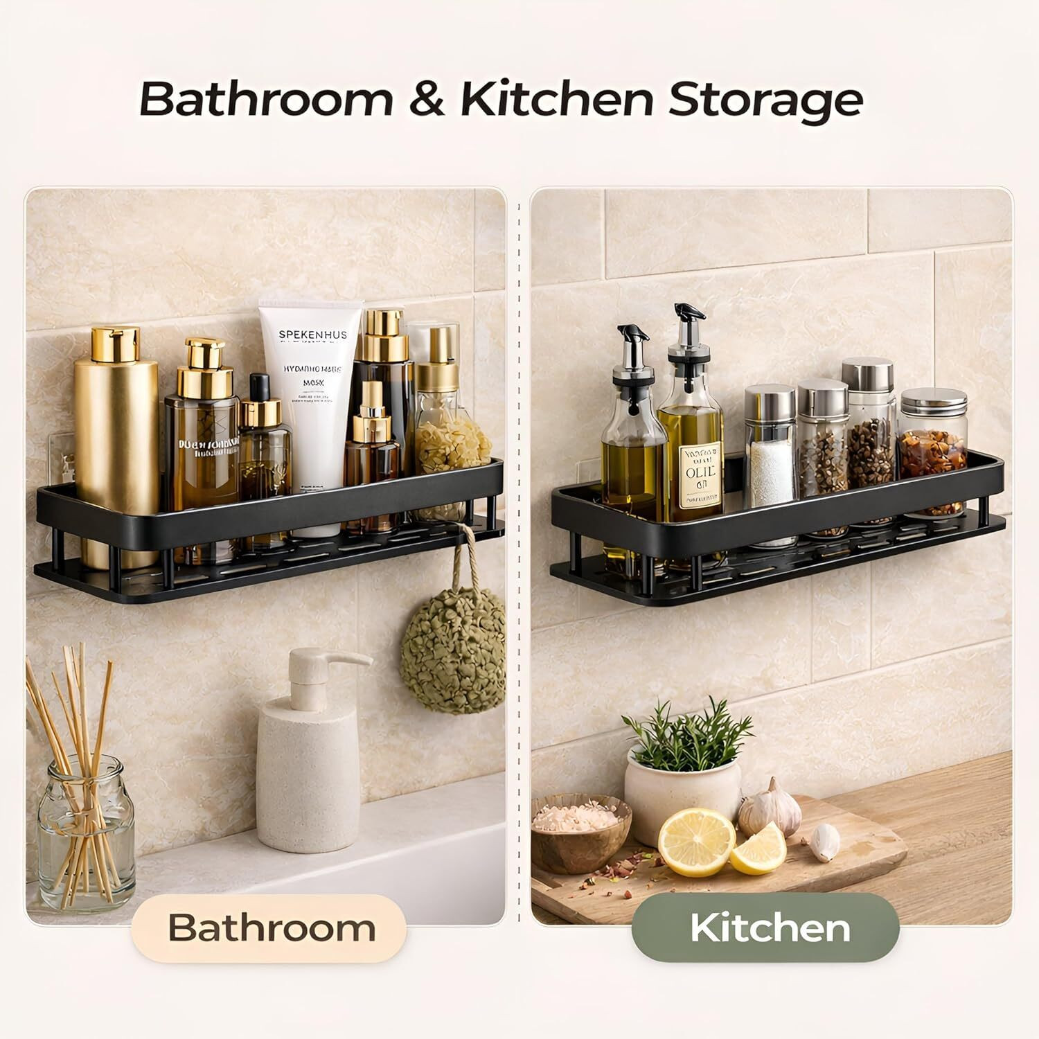 Image of Welkin Bathroom Kitchen Wall Shelf 30cm Black Iron MS Adhesive Storage Rack Iron Wall Shelf