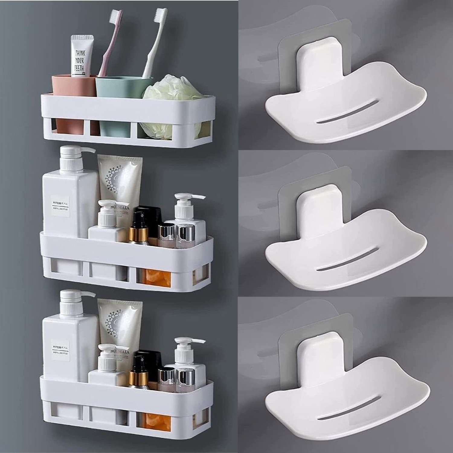 Image of Lufasa Cup Kitchen Rack Plastic White Bathroom Shelves 3 Pcs + Soap Stand 3 Pcs Multipurpose and Rack for Home