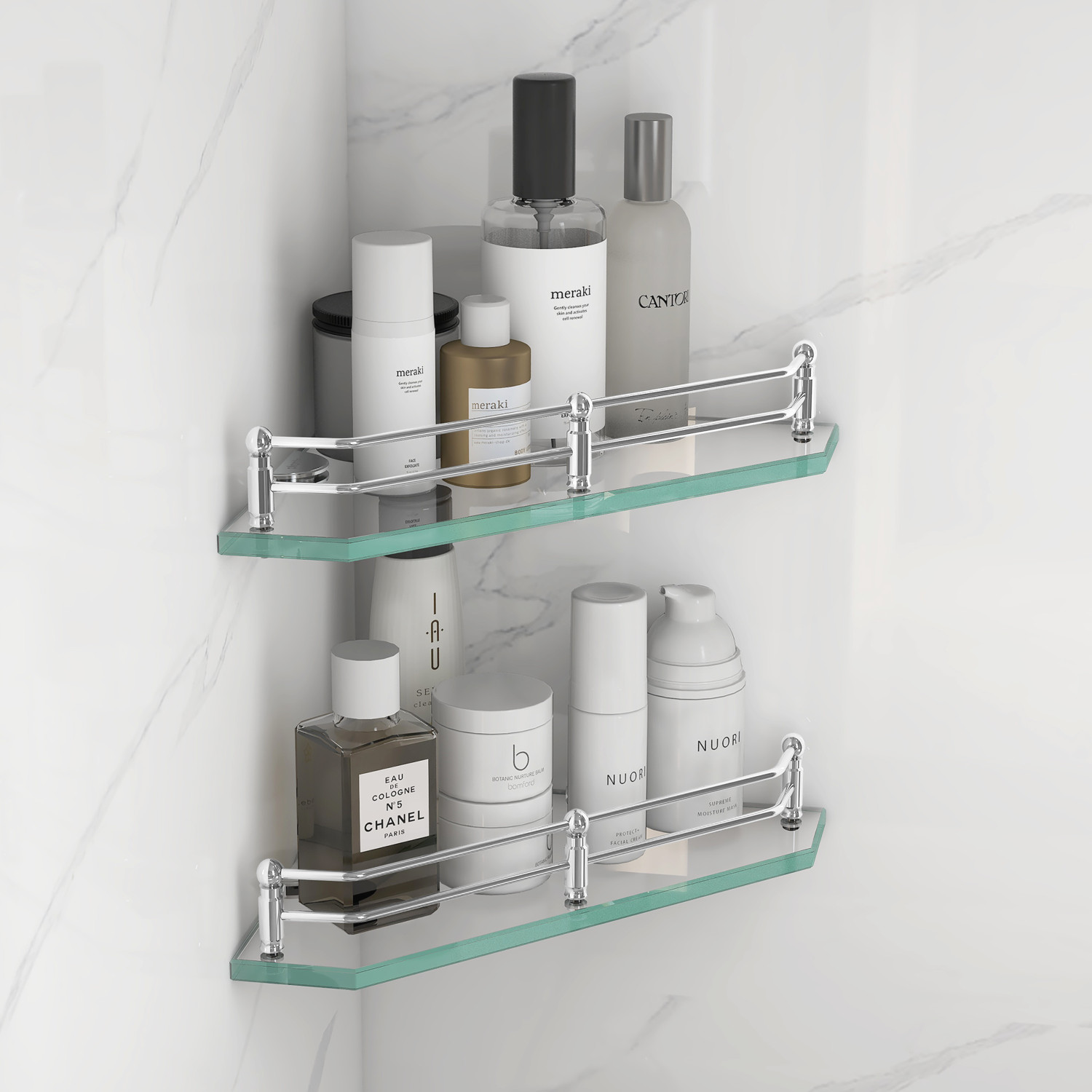 Image of Plantex Premium Diamond Glass Corner Shelf for Bathroom /Kitchen Shelf /Bathroom Accessories(9x9 Inches) Glass Wall Shelf
