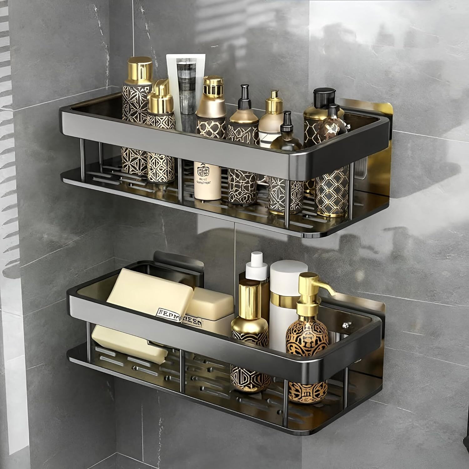 Image of Welkin Bathroom Kitchen Wall Shelf 30cm Black Iron MS Adhesive Storage Rack Iron Wall Shelf