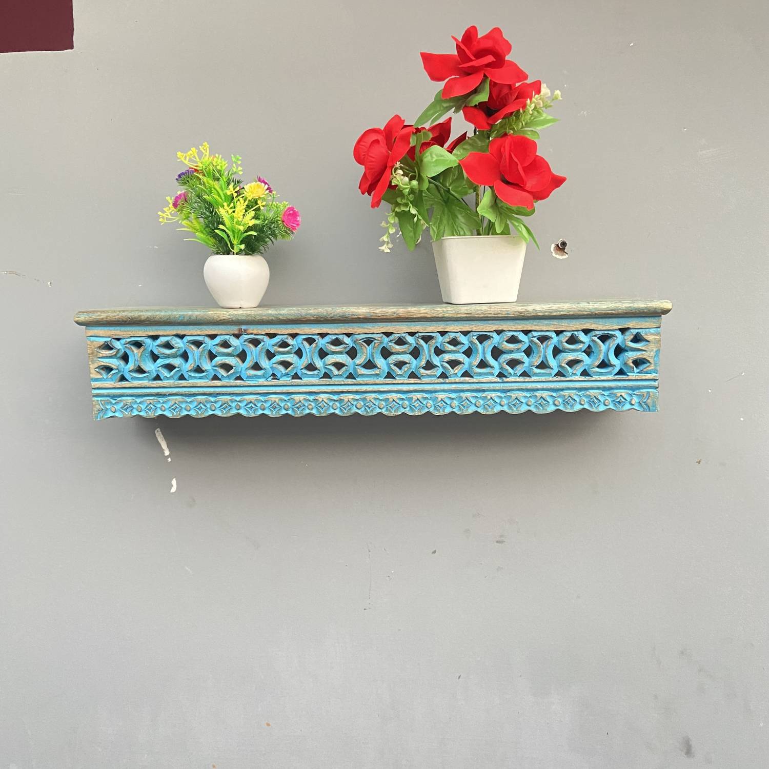 ONLINECRAFTS WOODEN JALI CARVING SHELF Wooden Wall Shelf (Number