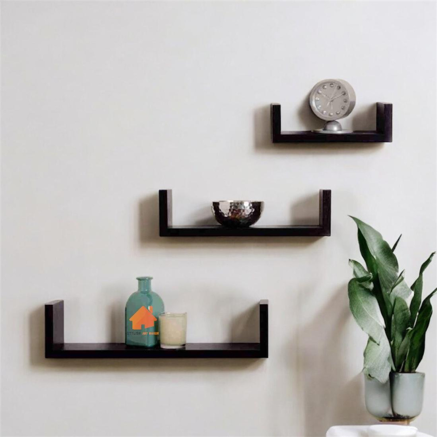 Image of Stylish Art Maker U Rack Floating Wall Shelf (Set Of 3) MDF (Medium Density Fiber), Wooden Wall Shelf (Number of Shelves - 3, Black)
