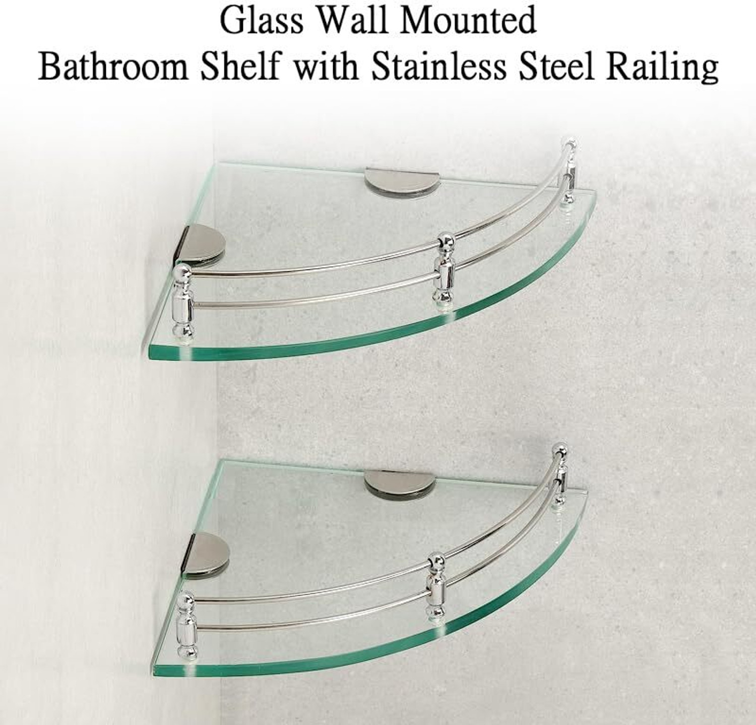 Image of DEVYM IMPAX Glass Corner /Bathroom /Kitchen Shelf -9 X 9 Inches -Glossy -Wall Mount Glass, Stainless Steel Wall Shelf