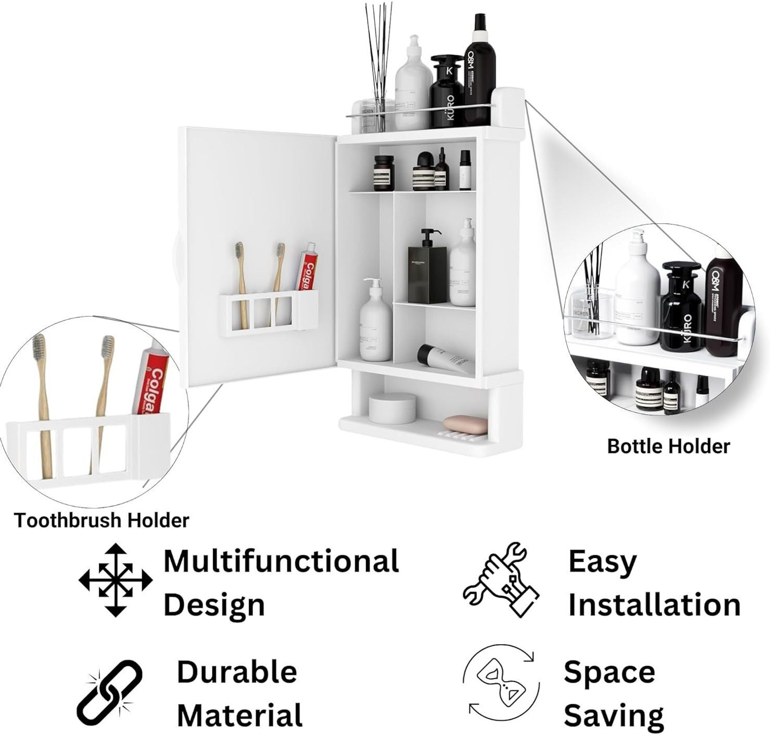 Image of Bath Queen Best Heavy Plastic Mirror Cabinet White Acrylic Wall Shelf