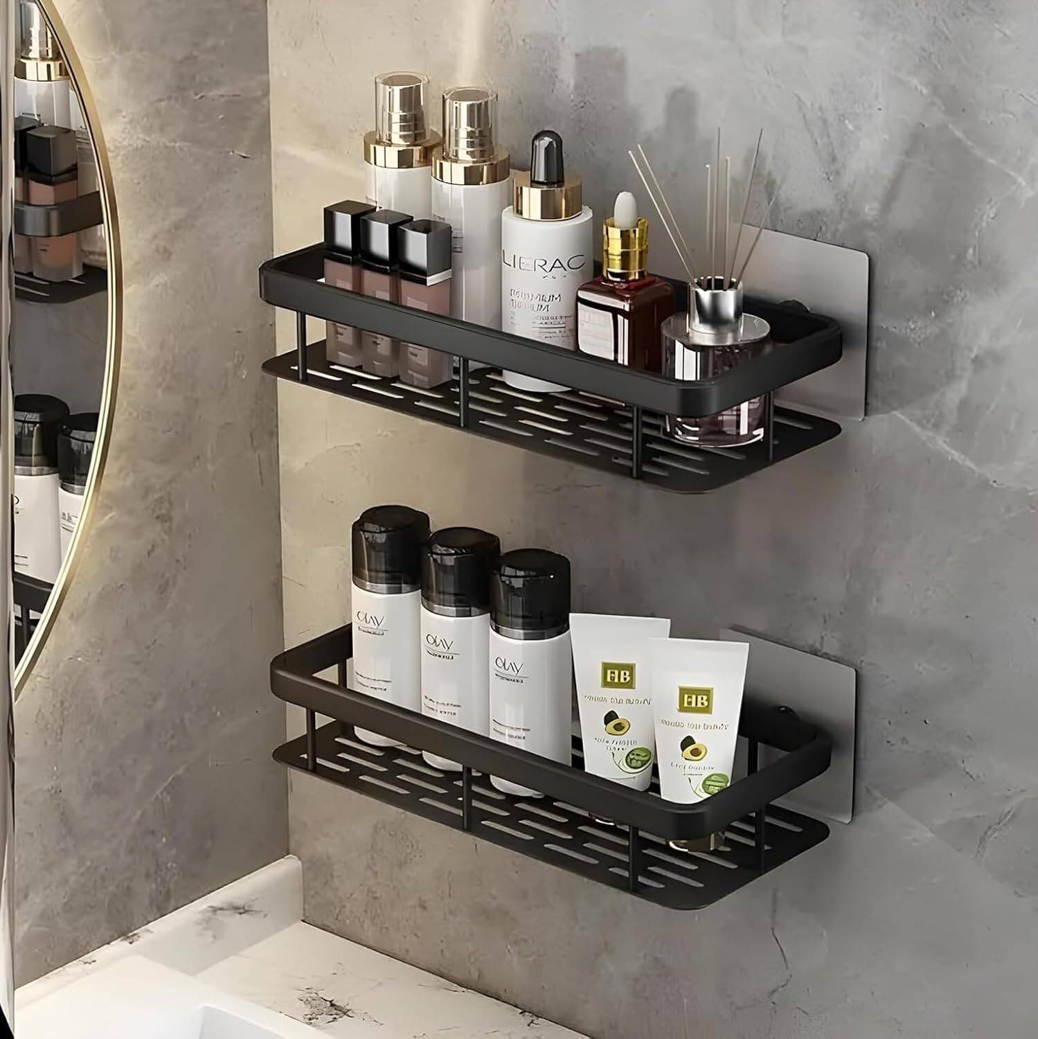 BEAURA 2 Pcs Self Adhesive Bathroom Shelf for Wall | Bathroom Organizer Without Drill Aluminium Wall Shelf
