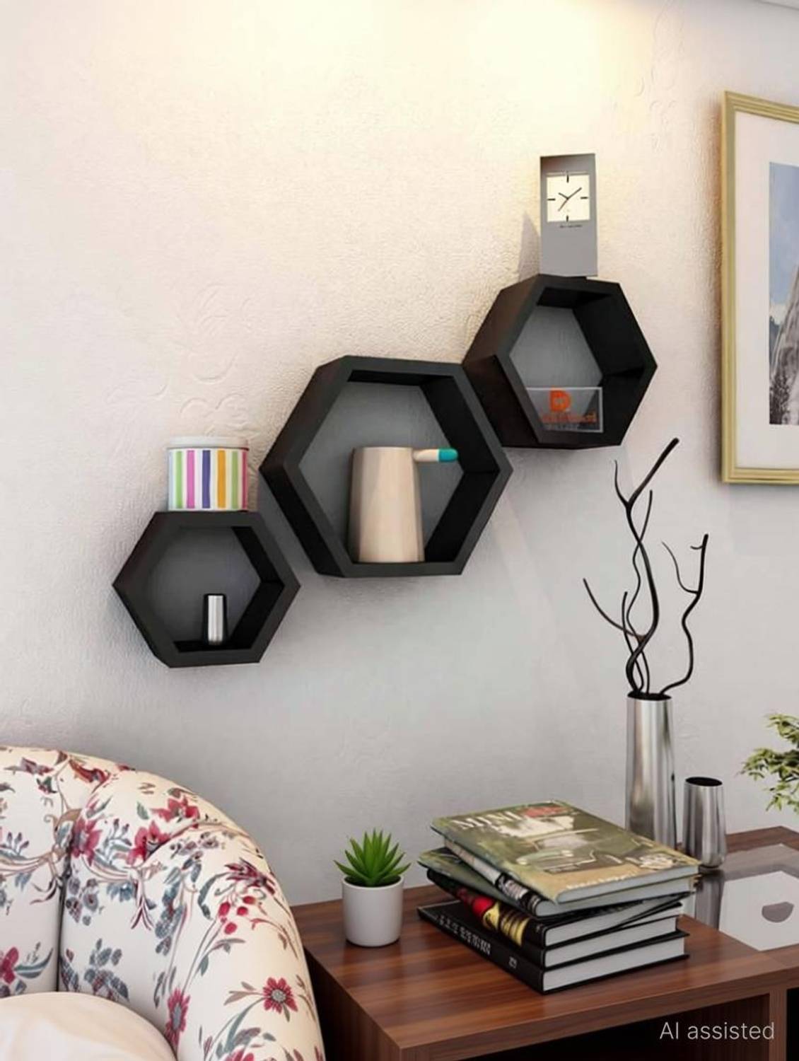 AmazingShopee Set Of 3 Hexagon shape Designer Storage Shelves -Brown MDF (Medium Density Fiber) Wall Shelf
