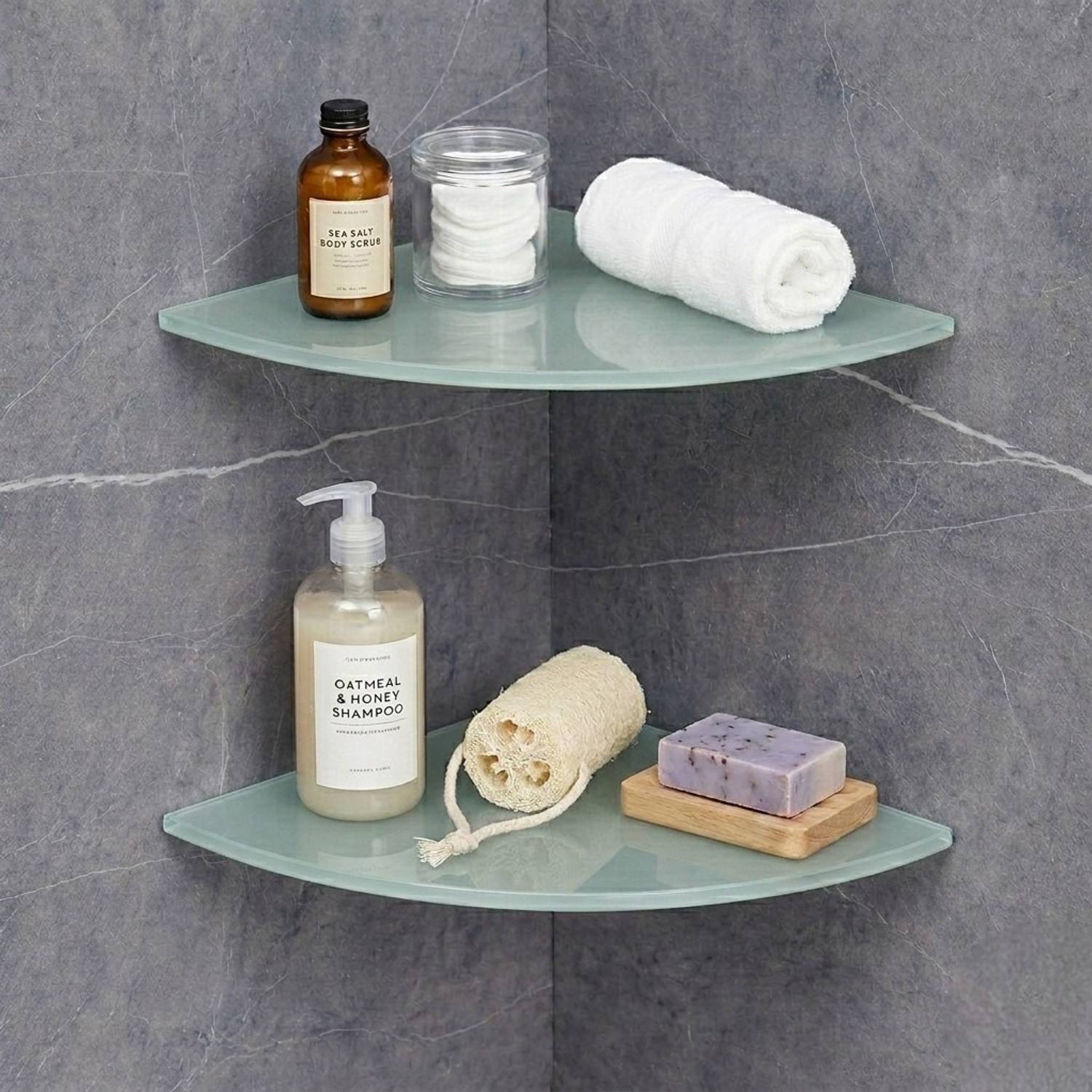 Auraview Without Railing Corner Round 9x9 inch Shelf 2 Frosted Glass Wall Shelf