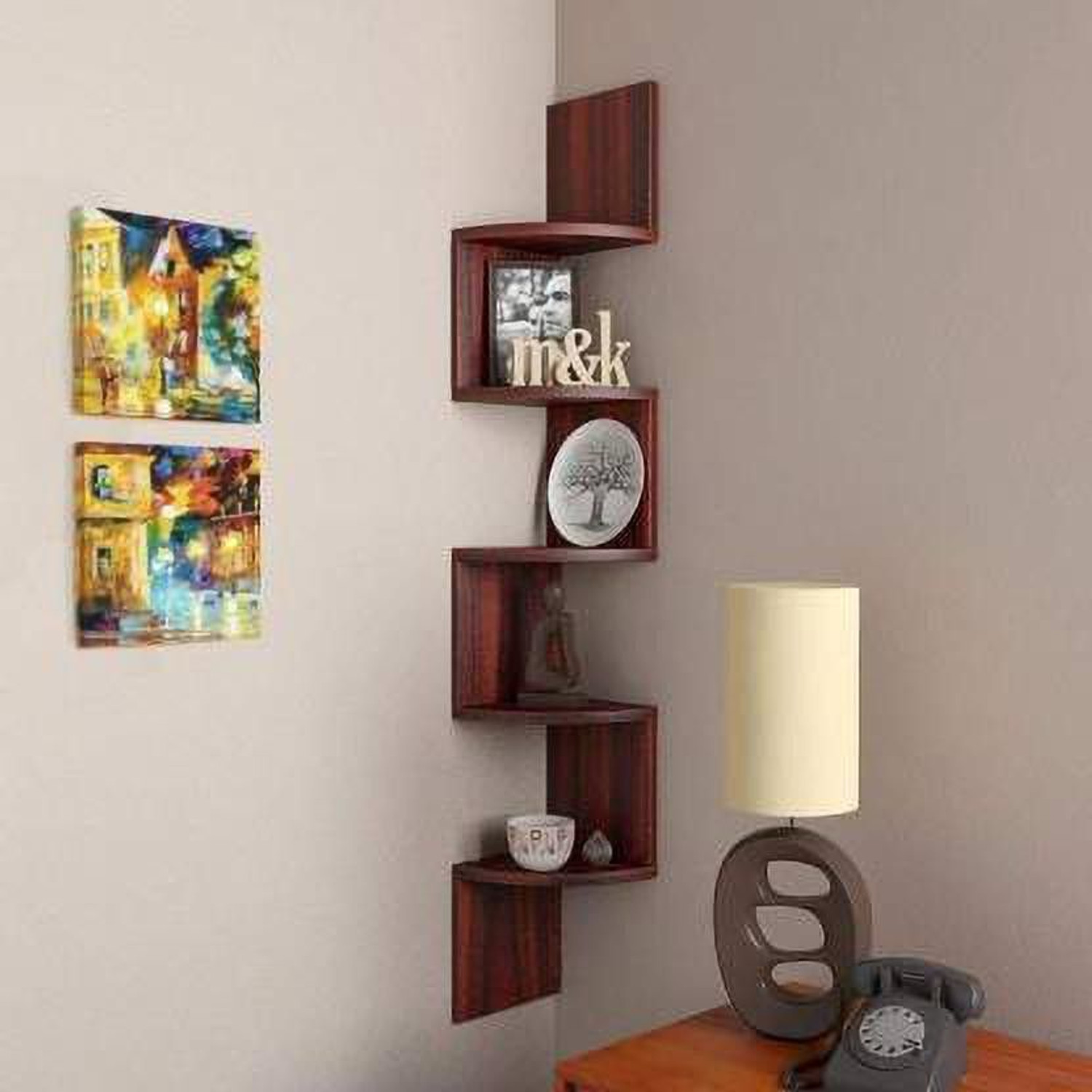 Image of national engineering Zigzag Shelf | Corner Wall Shelf | Corner Rack Shelf| Corner Shelf For Living Room | Corner Shelf For Bedroom | Corner Rack For Living Room| Corner Shelf For Office | Home Decor Wall Shelf Wooden Wall Shelf (Number of Shelves - 5, DARK BROWN ) MDF (Medium Density Fiber) Wall Shelf