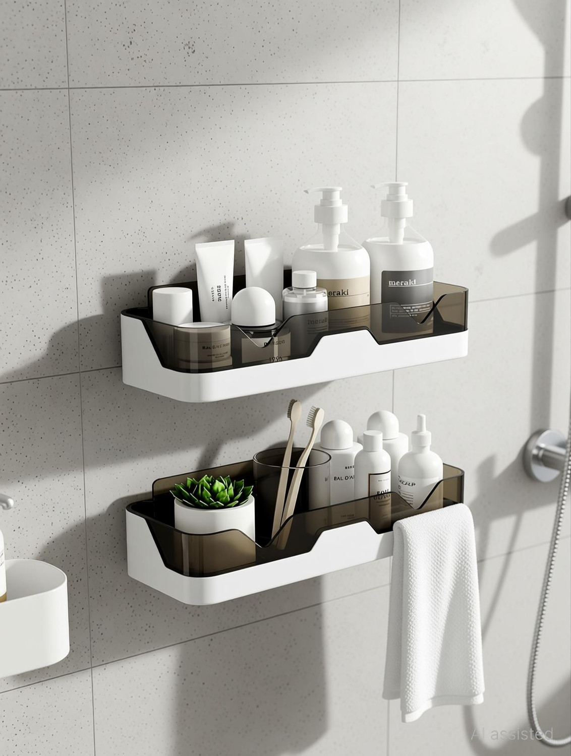 Image of Finner Wall-Mounted Bathroom Storage Shelf - No-Drill Shower Organizer for Toiletries Plastic Wall Shelf (Number of Shelves - 2, White)