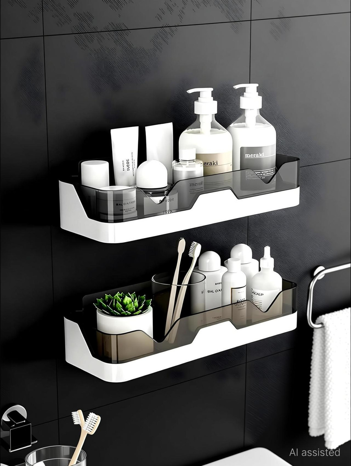Image of Finner Wall-Mounted Bathroom Storage Shelf - No-Drill Shower Organizer for Toiletries Plastic Wall Shelf (Number of Shelves - 2, White)