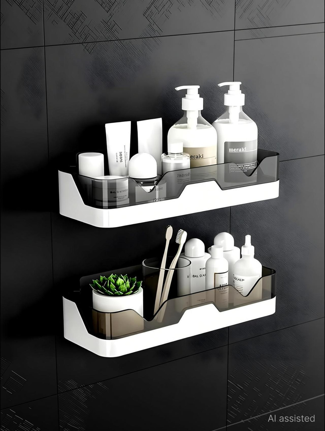 Image of Finner Wall-Mounted Bathroom Storage Shelf - No-Drill Shower Organizer for Toiletries Plastic Wall Shelf (Number of Shelves - 2, White)