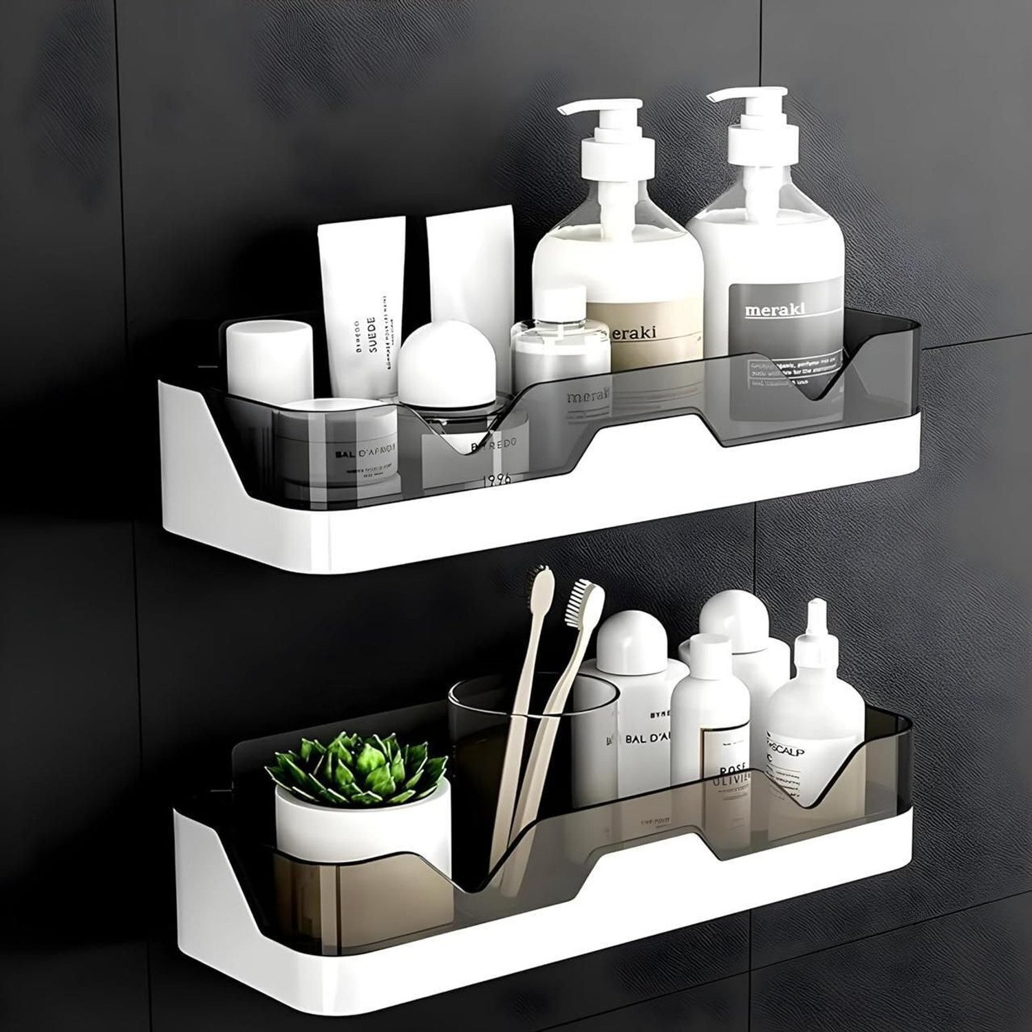 Image of Finner Wall-Mounted Bathroom Storage Shelf - No-Drill Shower Organizer for Toiletries Plastic Wall Shelf (Number of Shelves - 2, White)