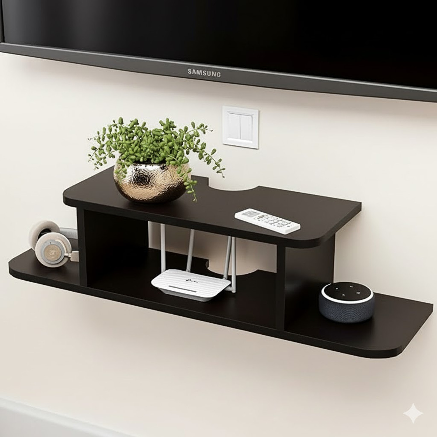 Image of NP HANDICRAFT Wooden Floating Set Top Box Stand | TV Unit for Home Decor | Space Saving Holder MDF (Medium Density Fiber) Wall Shelf (Number of Shelves - 2, Black)