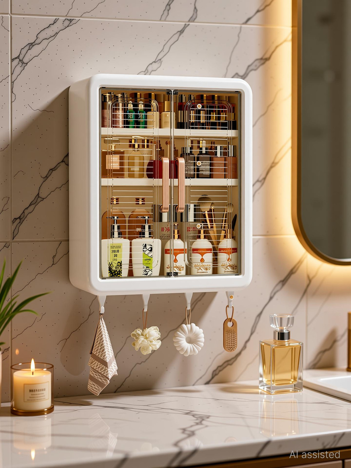 Image of M Y Self-Adhesive Bathroom Storage Cabinet - Multi-Purpose Organizer with Hooks Plastic Wall Shelf