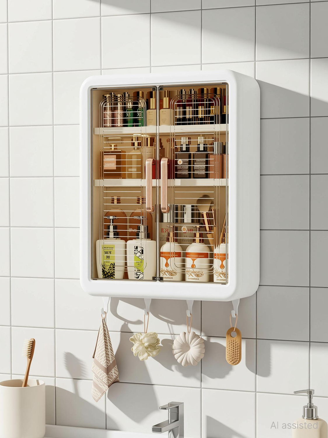 Image of M Y Self-Adhesive Bathroom Storage Cabinet - Multi-Purpose Organizer with Hooks Plastic Wall Shelf