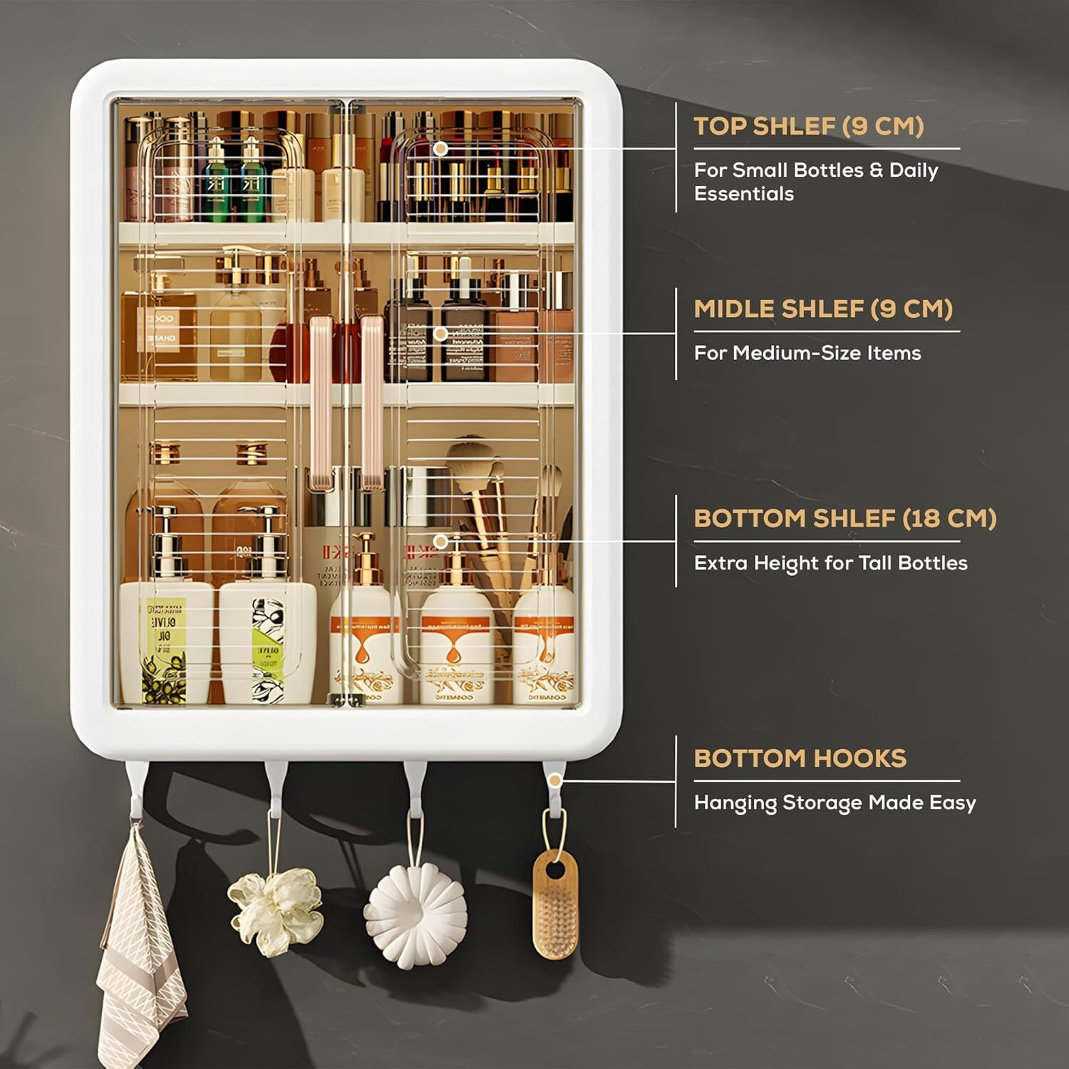Image of M Y Self-Adhesive Bathroom Storage Cabinet - Multi-Purpose Organizer with Hooks Plastic Wall Shelf
