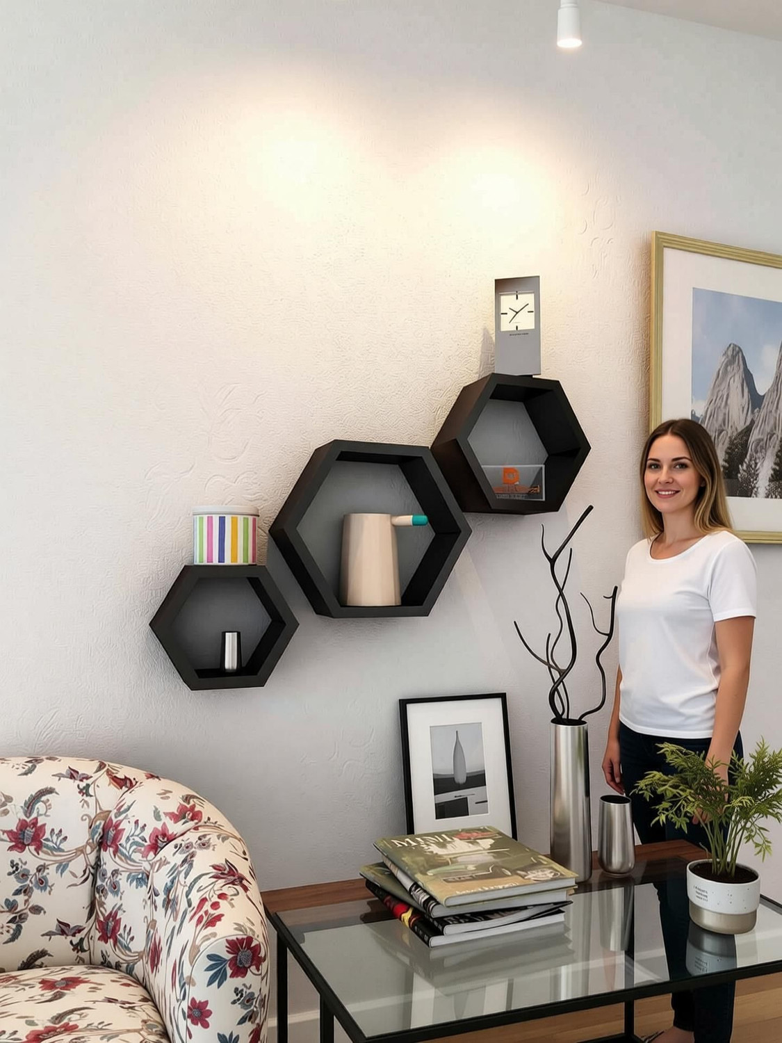 Image of Extrawish Set Of 3 Hexagon shape Designer Storage Shelves -Brown Polypropylene Wall Shelf