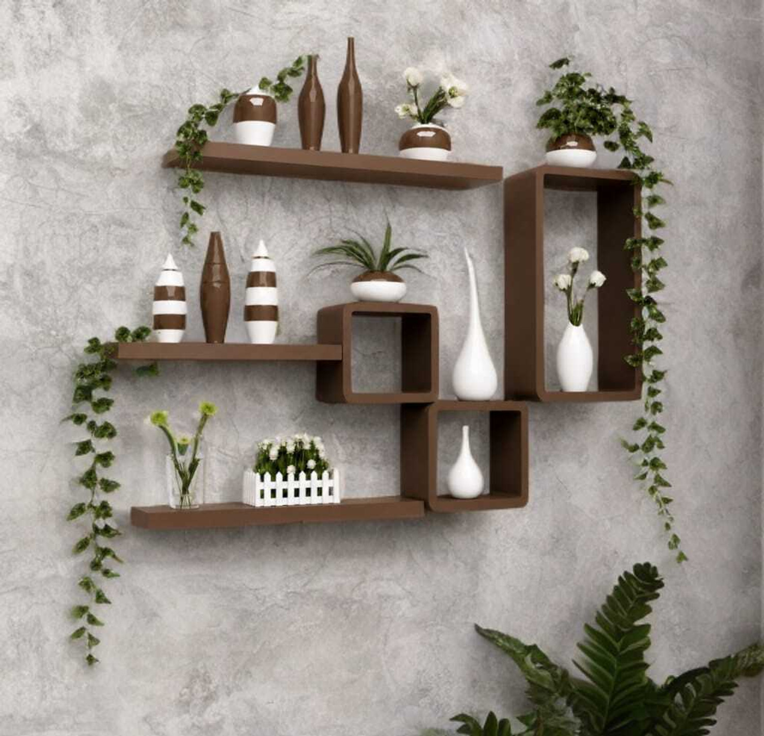 Image of zeecoot BROWN WOODEN WALL SHELF Wooden Wall Shelf (Number of Shelves - 6, Brown)