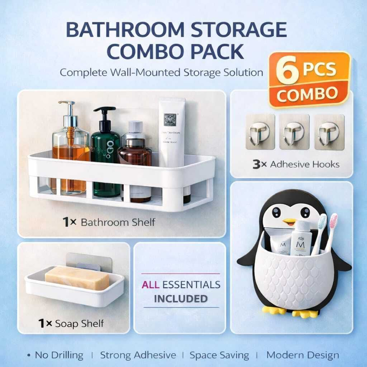 Image of IENARA 6-in-1 Bathroom Accessories Combo - Organizer Shelf, Soap, Hook & Penguin Holder Plastic, Steel Wall Shelf
