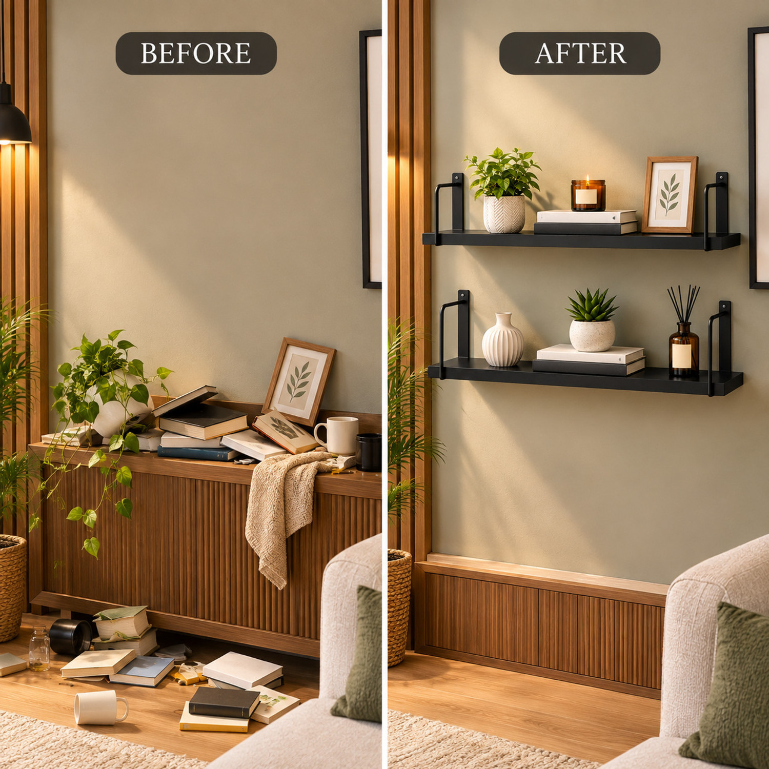 Image of NDS Steel 2 Tier Wall Mounted Shelf with Metal Frame for Living Room & Home Decor Wooden Wall Shelf