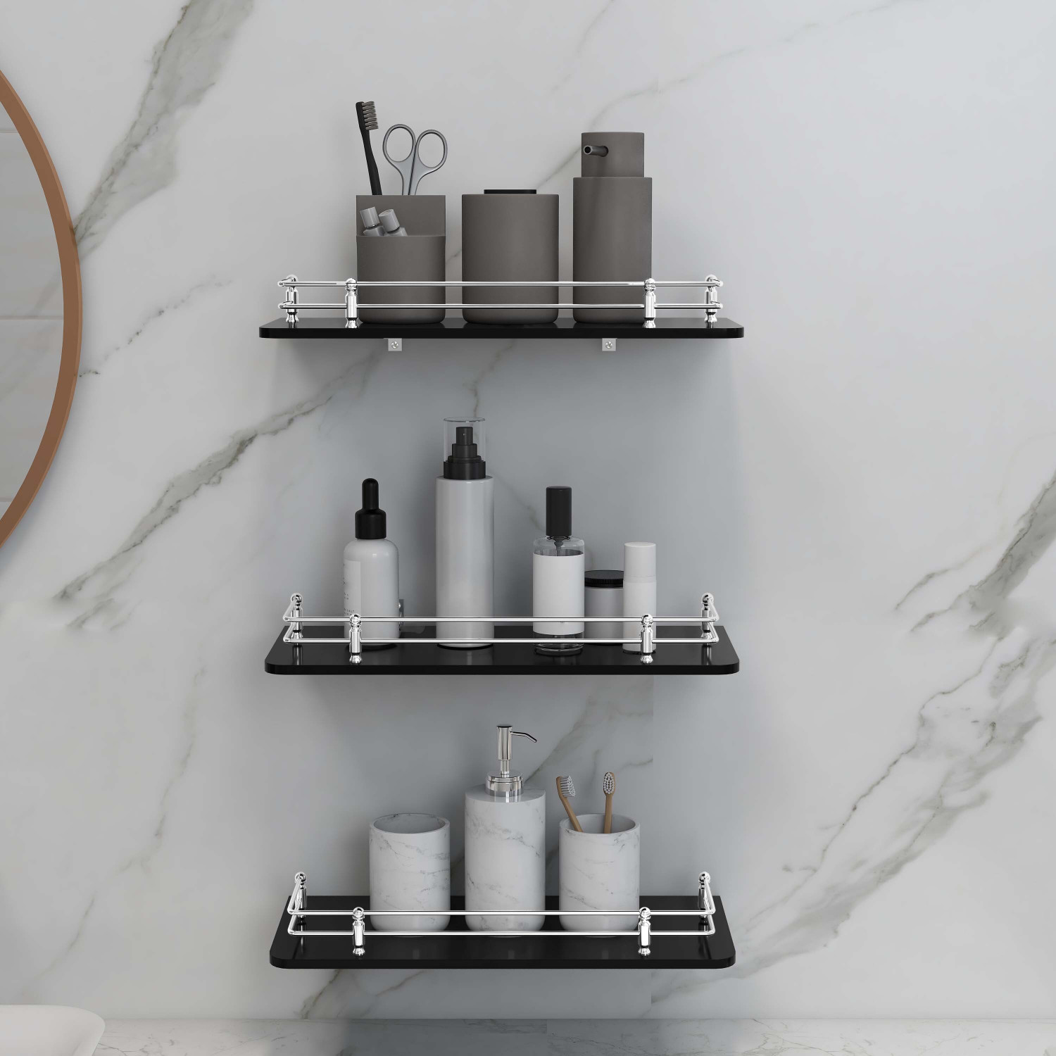 Image of Plantex Premium Black Glass Shelf for Bathroom /Kitchen /Living Room /Bathroom Accessories Glass Wall Shelf