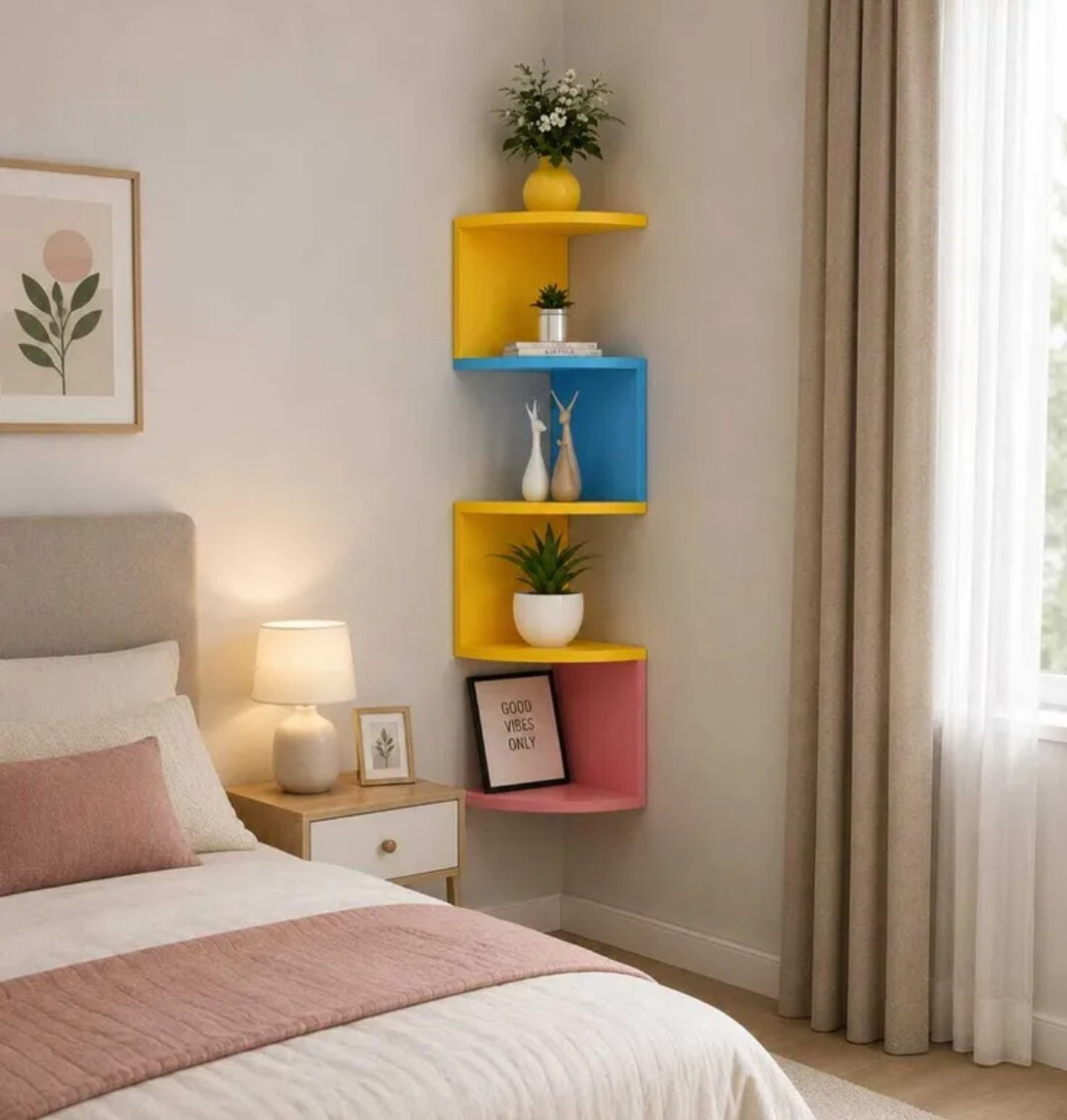 Image of woodinzo Wall Mount Corner Rack Shelf MDF (Medium Density Fiber), Wooden Wall Shelf