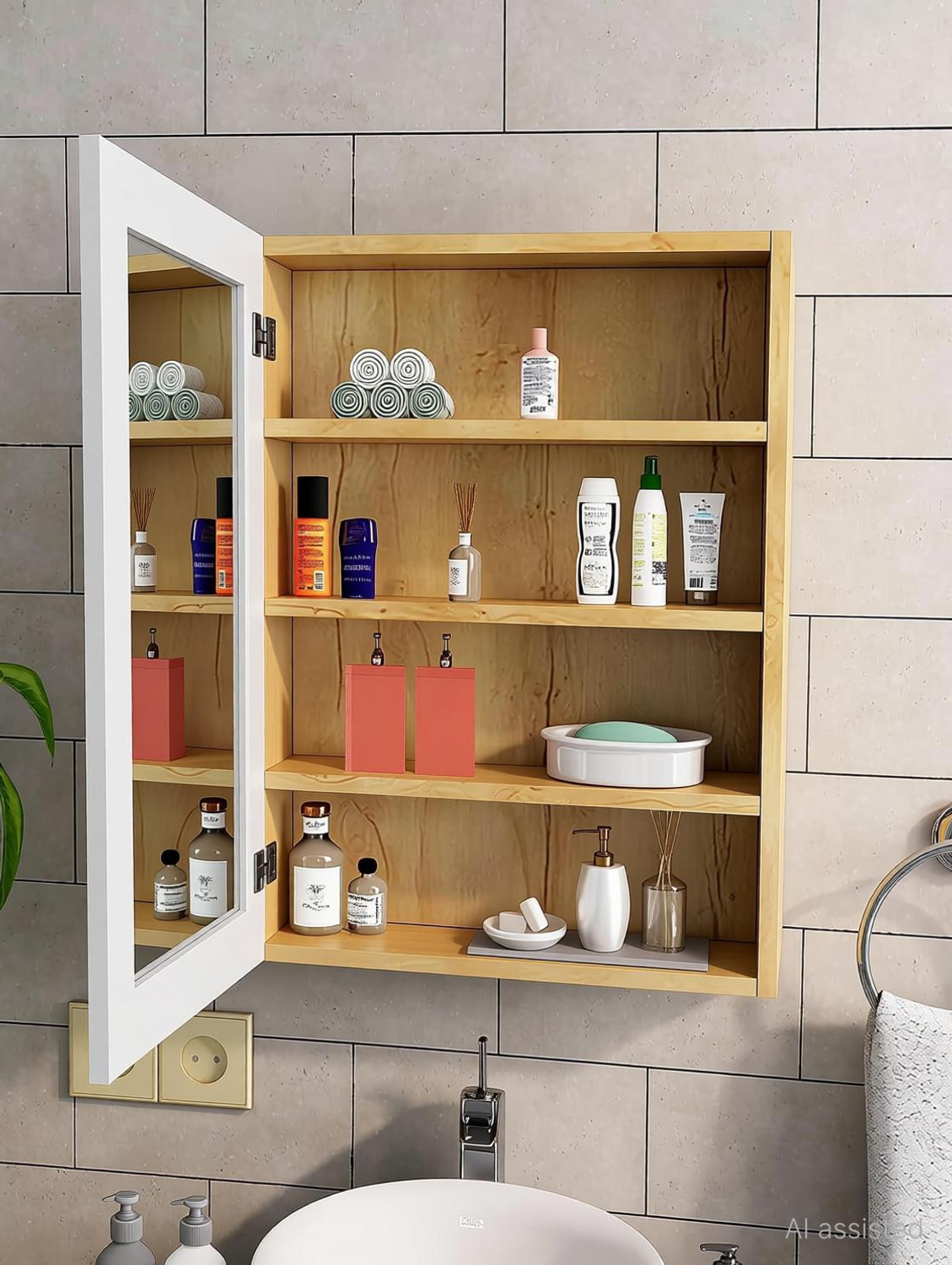 Image of Hexa Red Bathroom Mirror Cabinet Organizer Shelf 2.1 x 1.6 Feet Wooden Wall Shelf