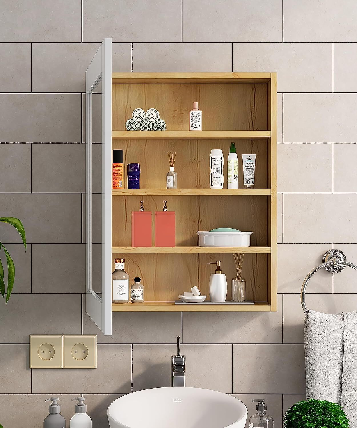 Image of Hexa Red Bathroom Mirror Cabinet Organizer Shelf 2.1 x 1.6 Feet Wooden Wall Shelf