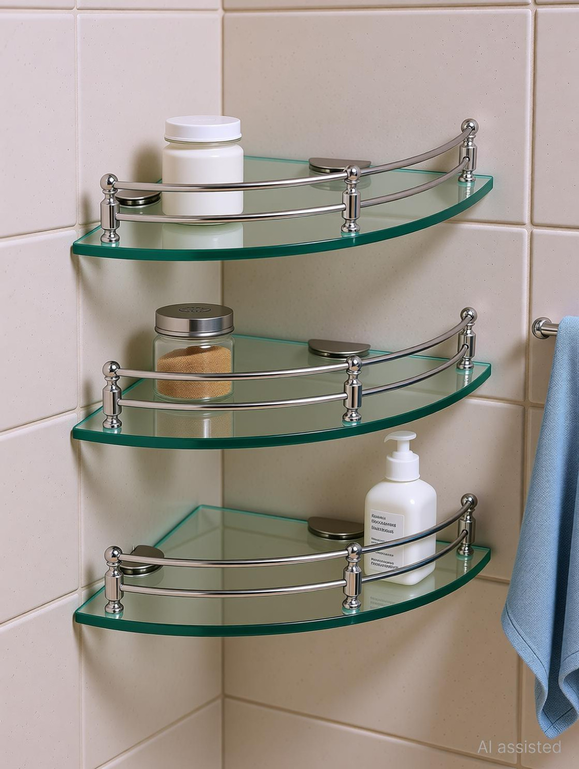 Image of DEVYM IMPAX Glass Corner /Bathroom /Kitchen Shelf -9 X 9 Inches -Glossy -Wall Mount Glass, Stainless Steel Wall Shelf