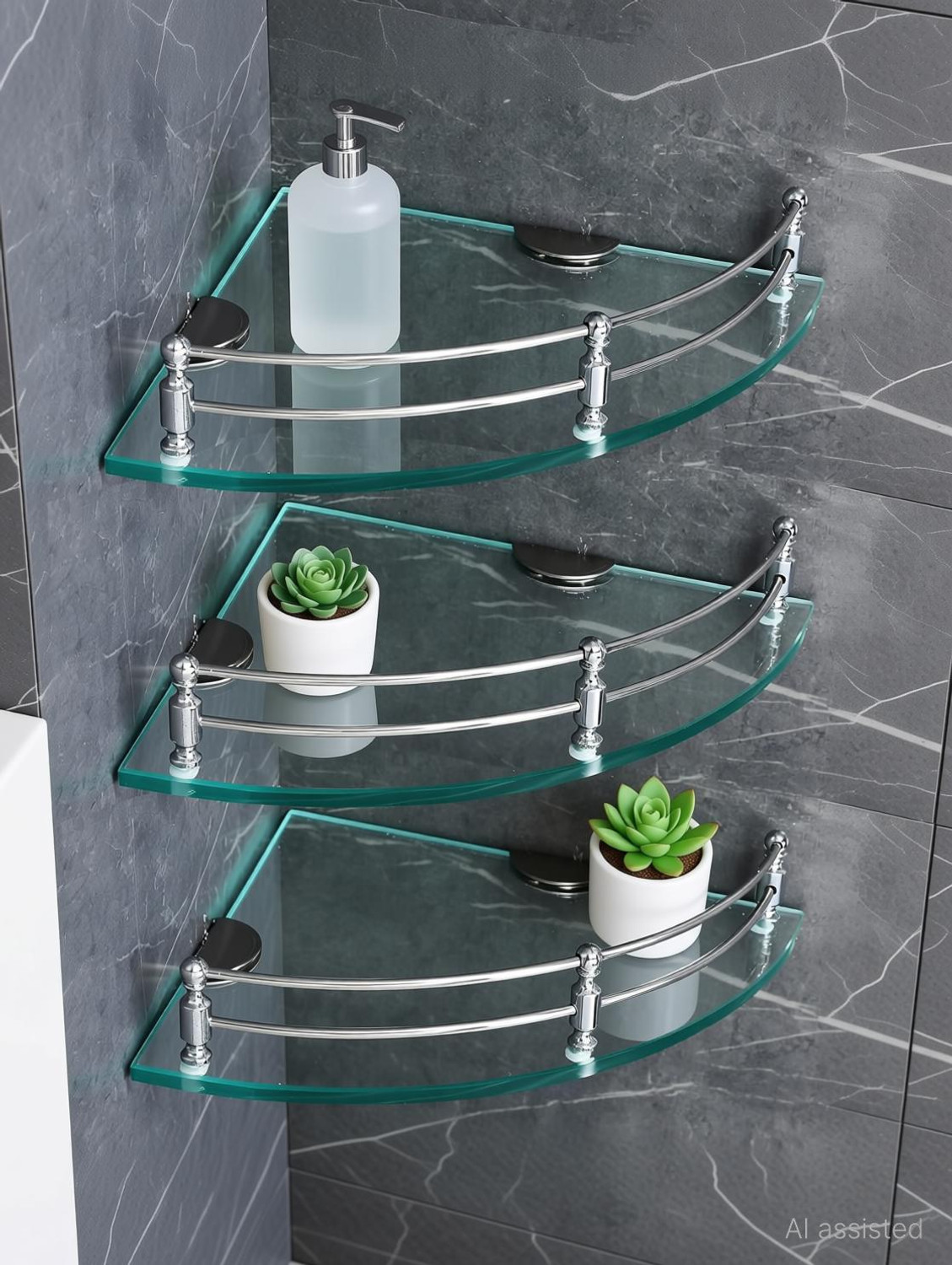 Image of DEVYM IMPAX Glass Corner /Bathroom /Kitchen Shelf -9 X 9 Inches -Glossy -Wall Mount Glass, Stainless Steel Wall Shelf