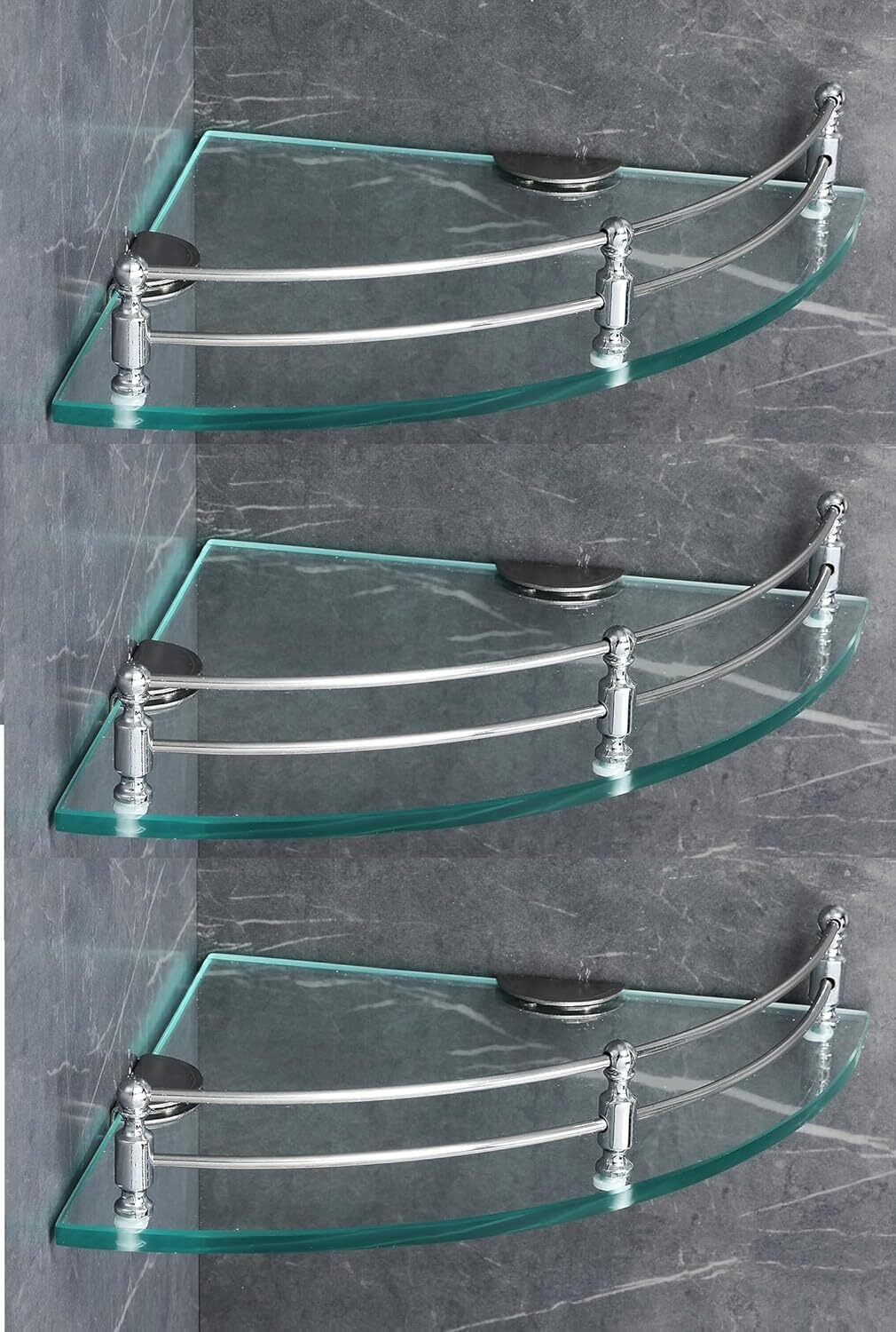 Image of DEVYM IMPAX Glass Corner /Bathroom /Kitchen Shelf -9 X 9 Inches -Glossy -Wall Mount Glass, Stainless Steel Wall Shelf