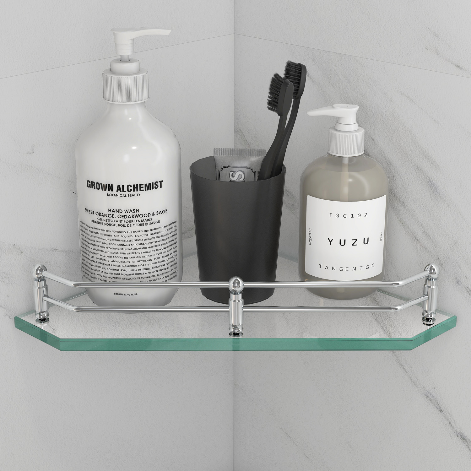 Image of Plantex Premium Diamond Glass Corner Shelf for Bathroom /Kitchen Shelf /Bathroom Accessories(9x9 Inches) Glass Wall Shelf