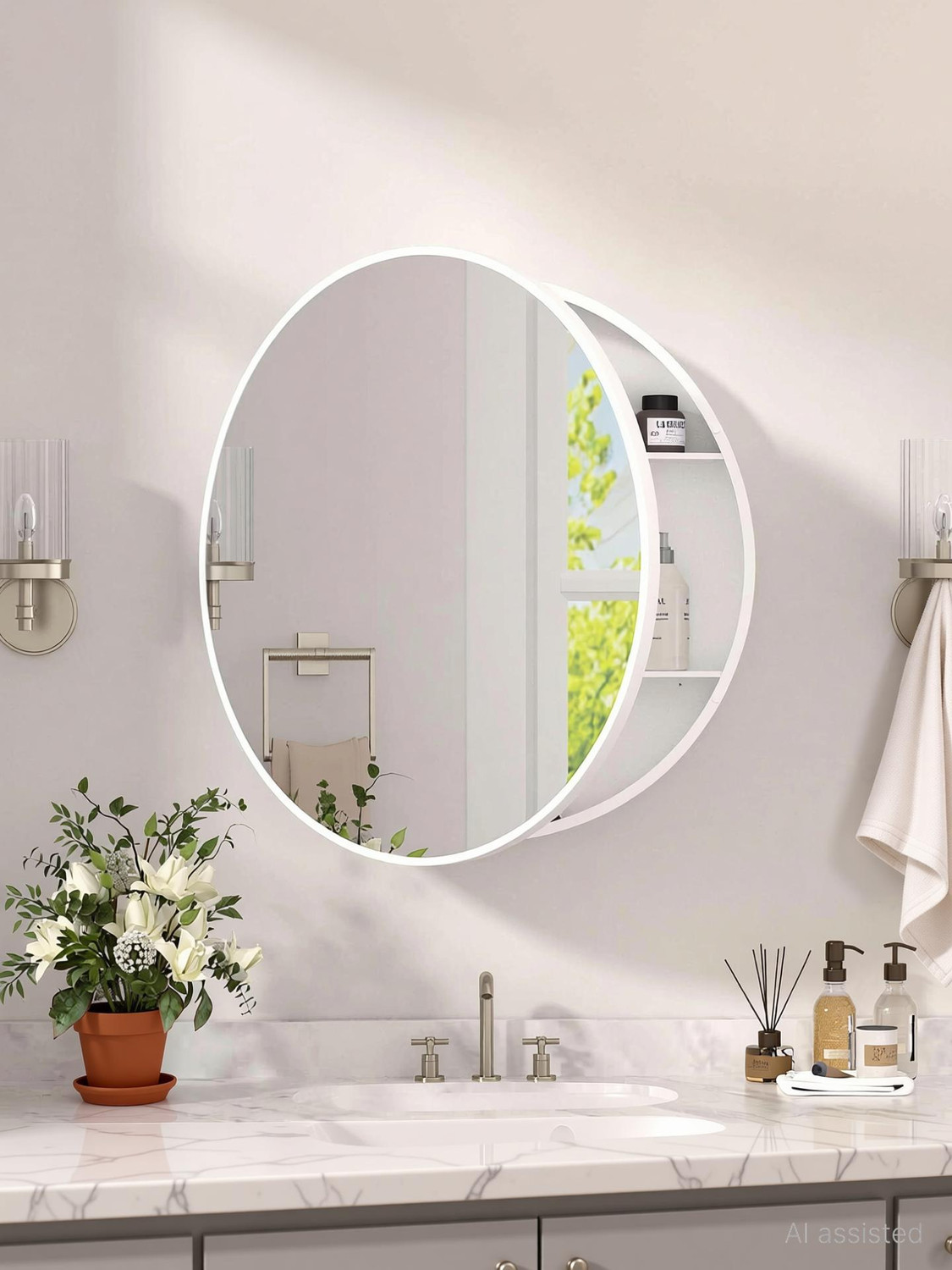 Image of Frap Plastic wall Mounted Round Mirror Cabinet for Bathroom & Kitchen Storage Plastic Wall Shelf