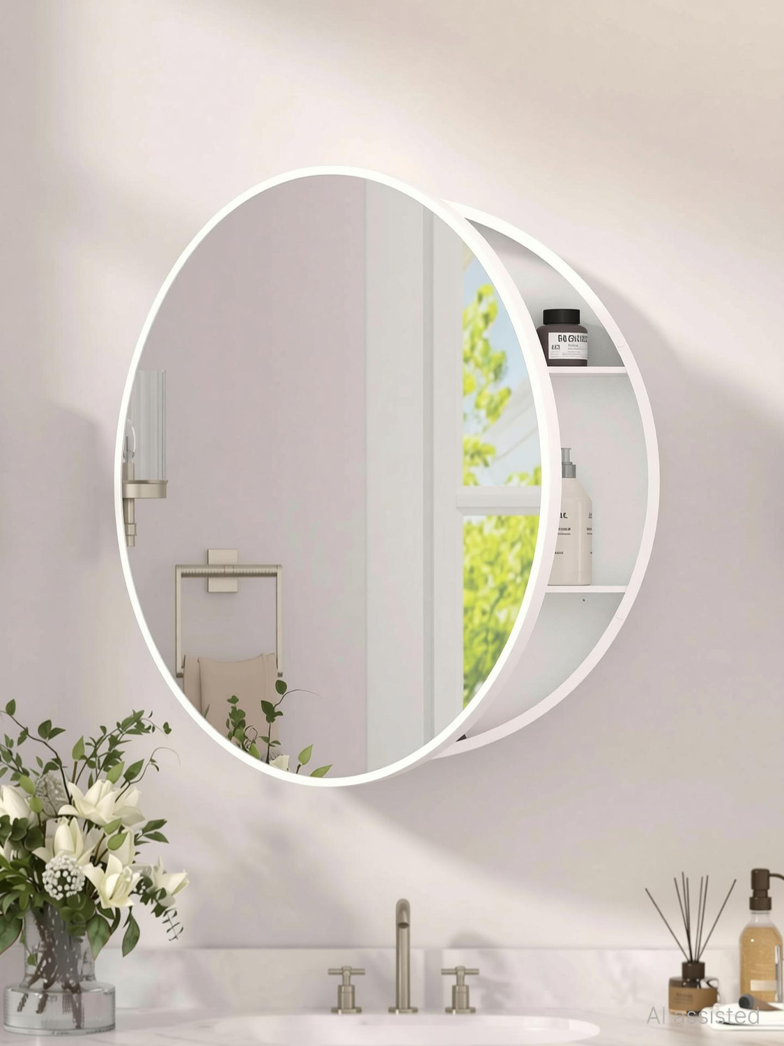 Image of Frap Plastic wall Mounted Round Mirror Cabinet for Bathroom & Kitchen Storage Plastic Wall Shelf