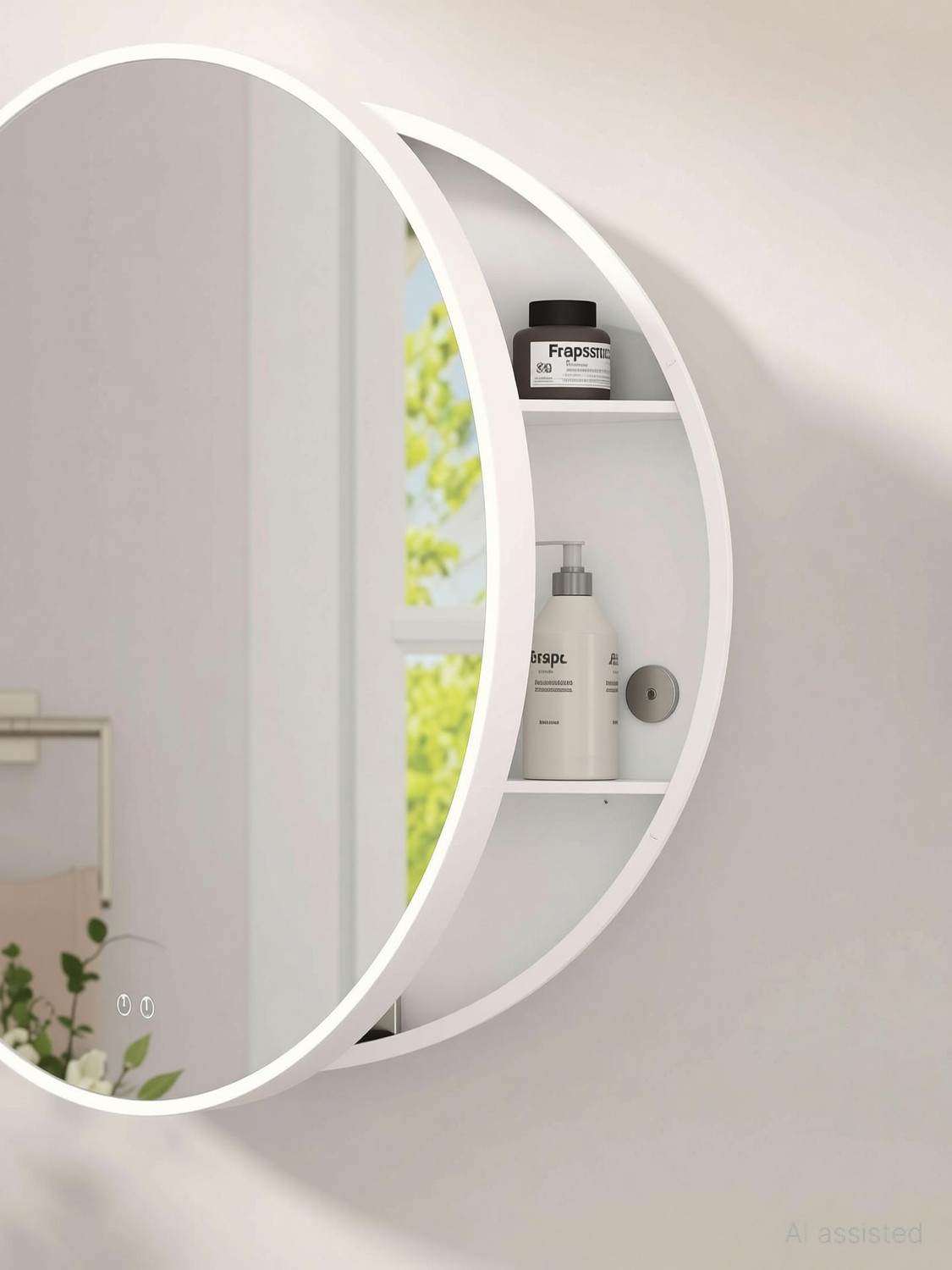 Image of Frap Plastic wall Mounted Round Mirror Cabinet for Bathroom & Kitchen Storage Plastic Wall Shelf