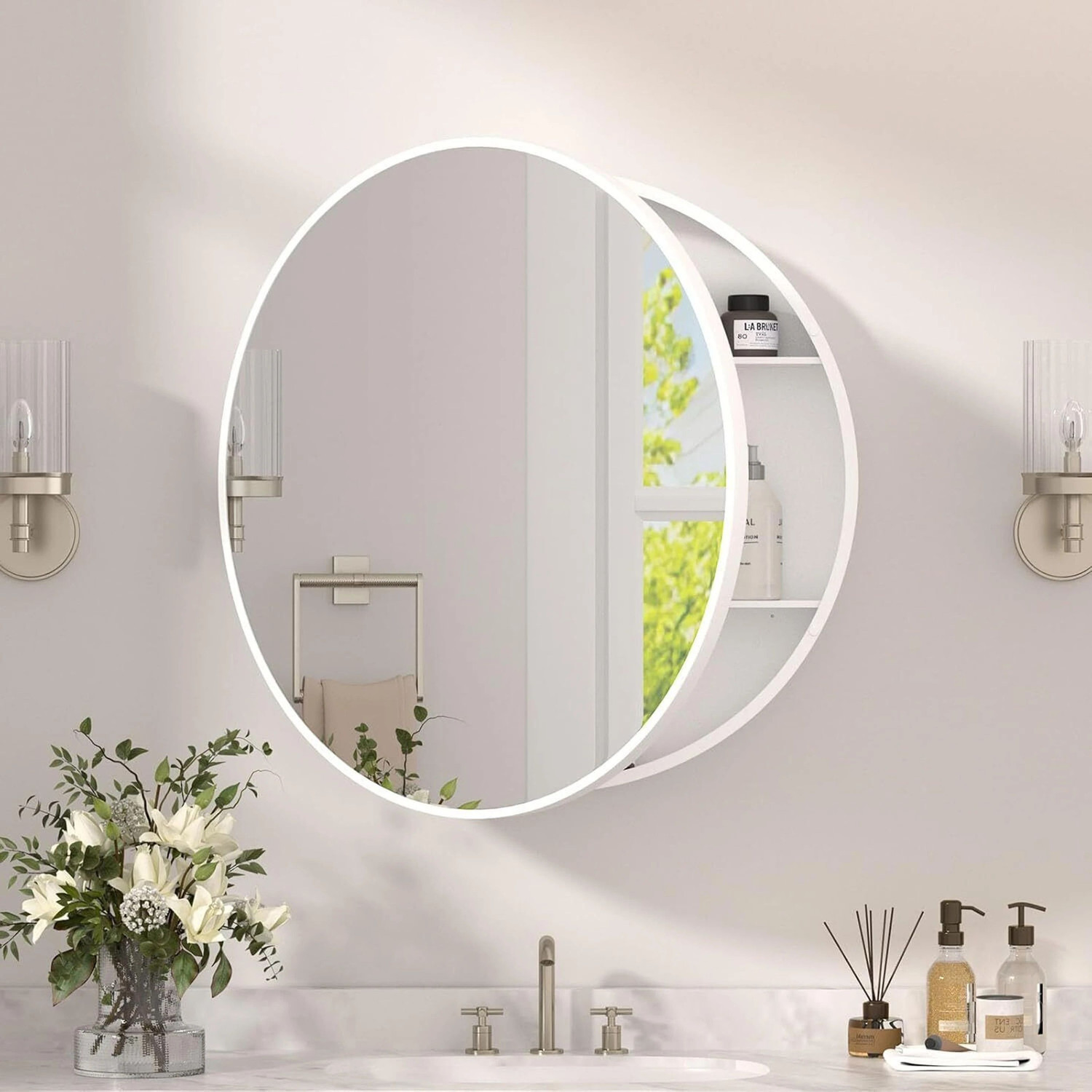Image of Frap Plastic wall Mounted Round Mirror Cabinet for Bathroom & Kitchen Storage Plastic Wall Shelf