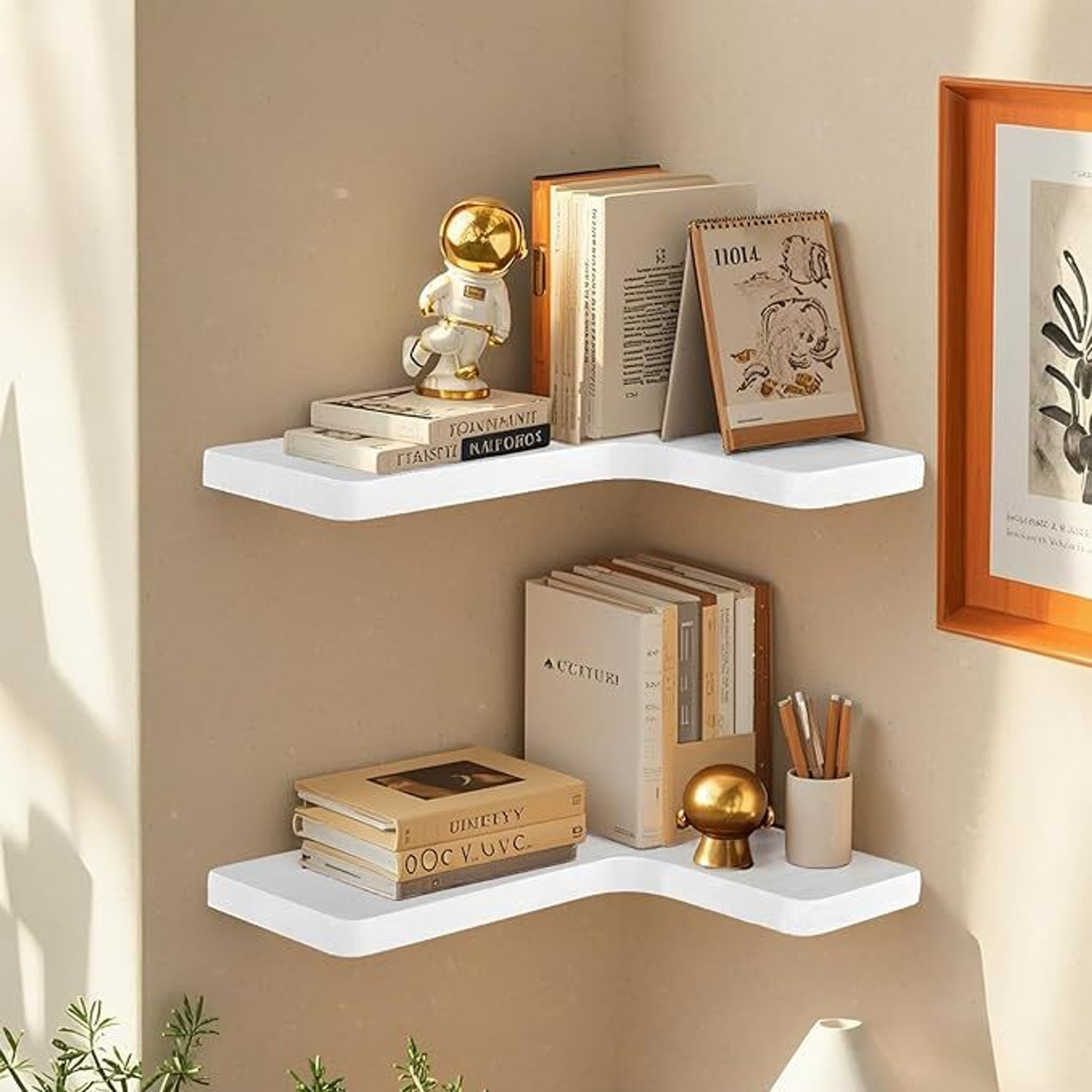 Image of Hawari enterprises Set Of 3 Wooden MDF Wall Shelves L Shaped Corner For Home Decor Wooden Wall Shelf