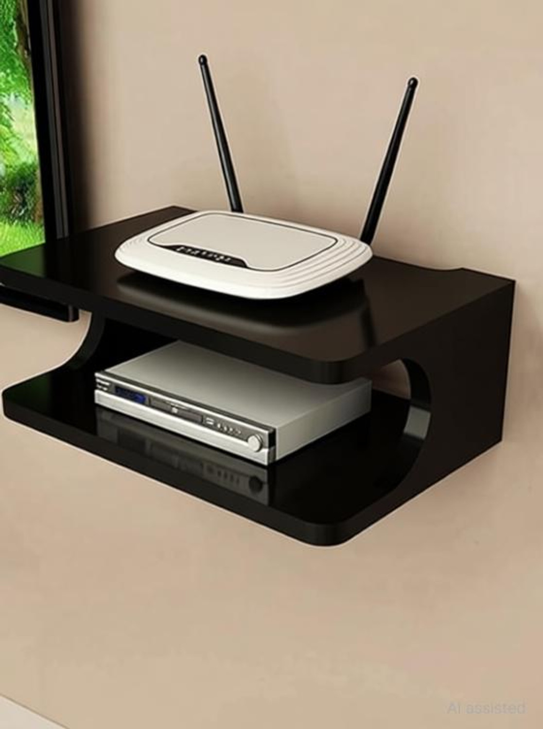 Image of A M CRAFTS WiFi Router Holder Wooden Wall Shelves | Setup Box Stand for Home | WiFi TV Wooden Wall Shelf