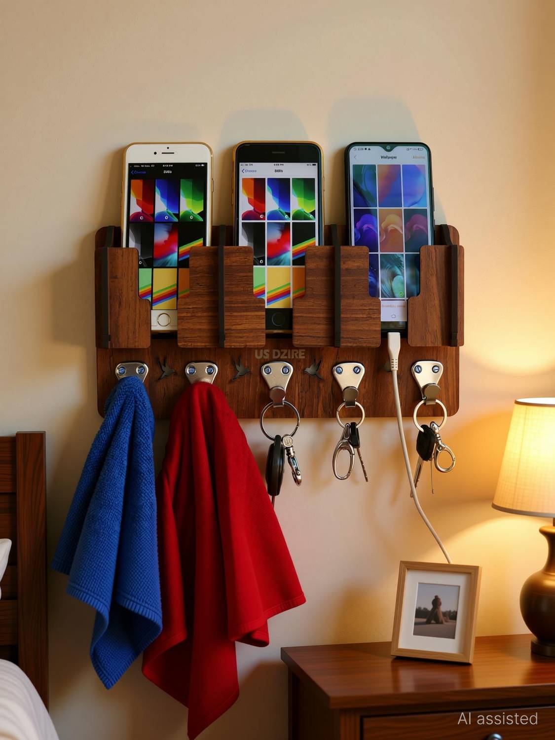 US DZIRE ™ 808 Wall Mount Wooden Multi-Functional Clothes & Key Hanger, Mobile Charging Wall Stand Suitable Living Room, Bedroom, Kitchen, Home & Office Wooden Wall Shelf