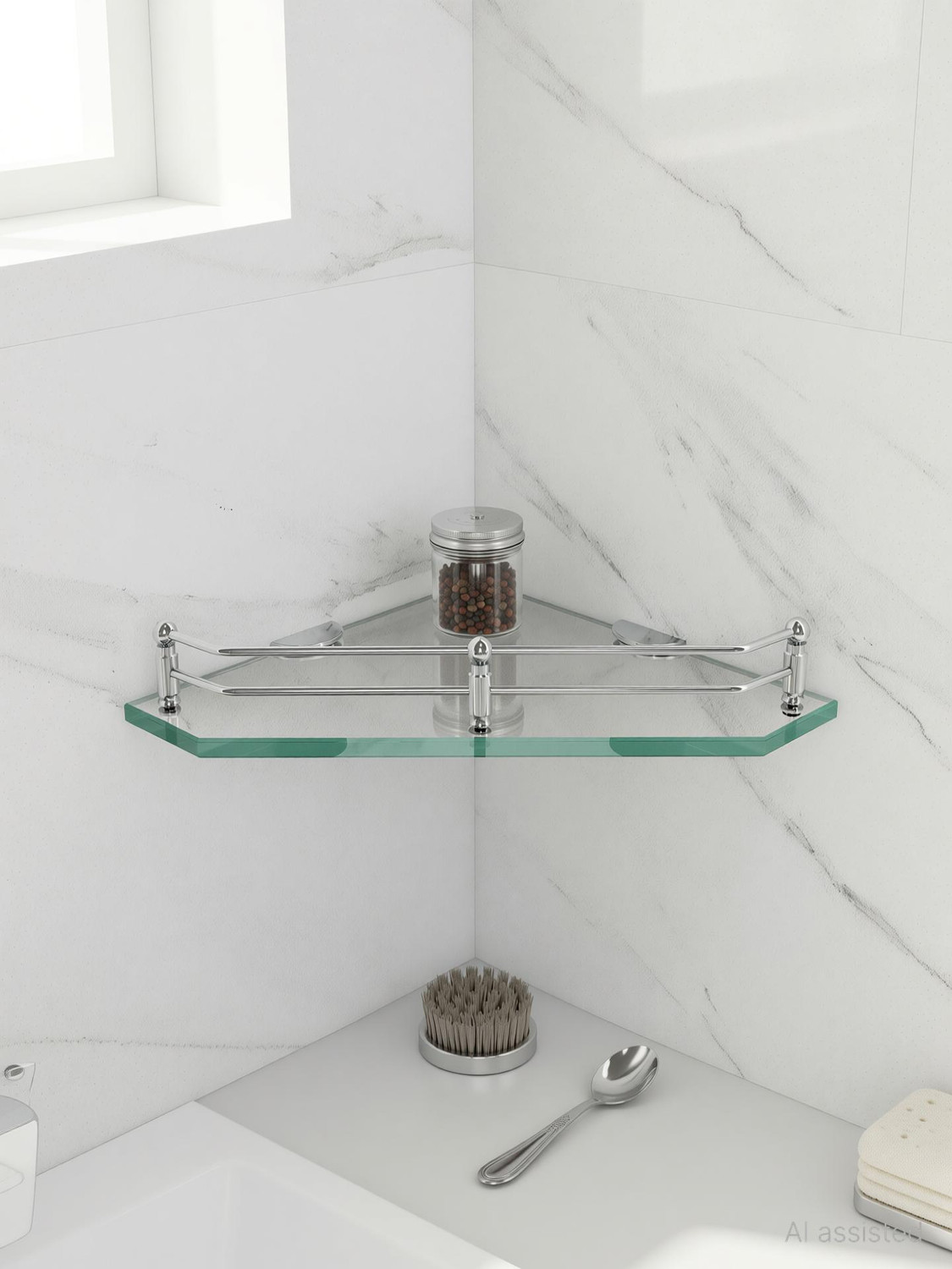 Image of Plantex Premium Diamond Glass Corner Shelf for Bathroom /Kitchen Shelf /Bathroom Accessories(9x9 Inches) Glass Wall Shelf